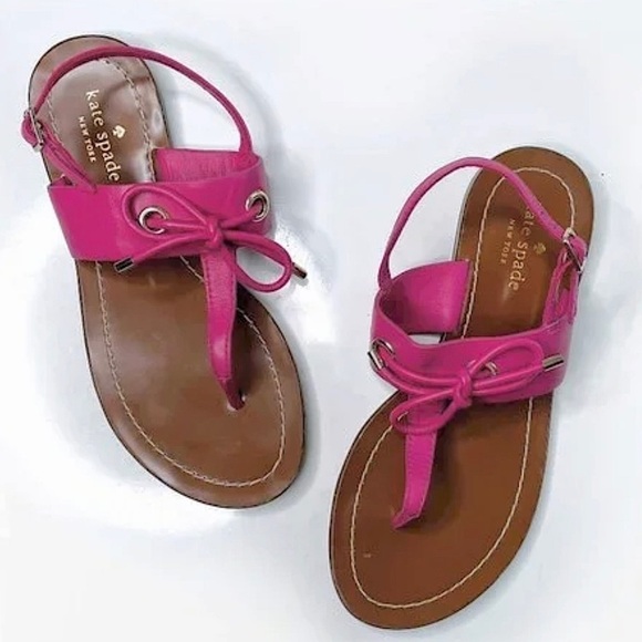 Kate Spade New York Carlita Pink Leather Bow Ankle Strap Flat Sandals 9.5 M - Picture 1 of 10